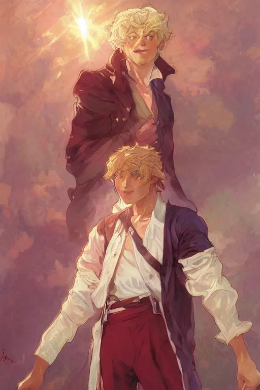 Image similar to enjolras from les miserables, ray of light, shimmering and prismatic, rococo, by krenz cushart and mucha and monet, trending on artstation.