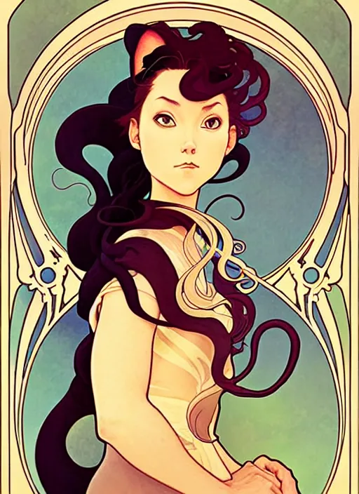 Prompt: art nouveau portrait of cat, natural lighting, path traced, highly detailed, high quality, cartoon, digital painting, by don bluth and ross tran and studio ghibli and alphonse mucha