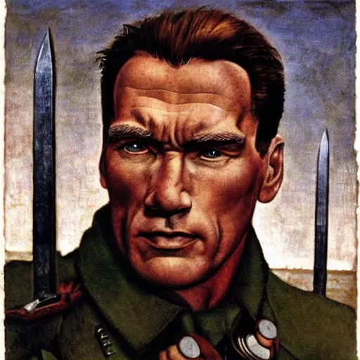 Image similar to portrait of Nazi Arnold Schwarzenegger as a Wolfenstein character, by Angus McBride, Gentile Bellini, Piero della Francesca, and Arthur Rackham. HD face portrait.