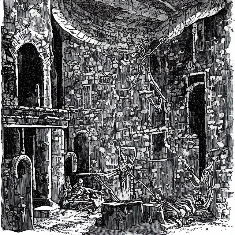 Prompt: room in the dungeon, osr dungeon, tomb of horror, illustration