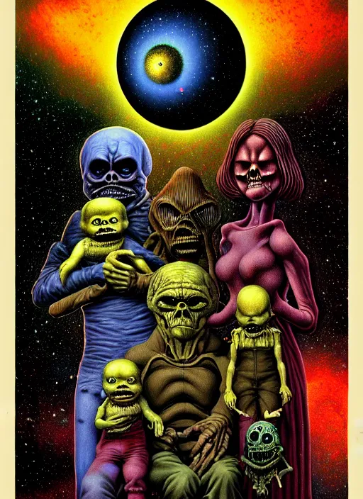 Prompt: detailed image of a creepy family in the deep space by richard corben, rich deep colors. masterpiece . intricate artwork, cinematic, hyper realism, high detail, unreal engine, 8k, Smooth gradients, High contrast, depth of field, very coherent symmetrical artwork. clean ink detailed line drawing, intricate detail, extremely detailed.