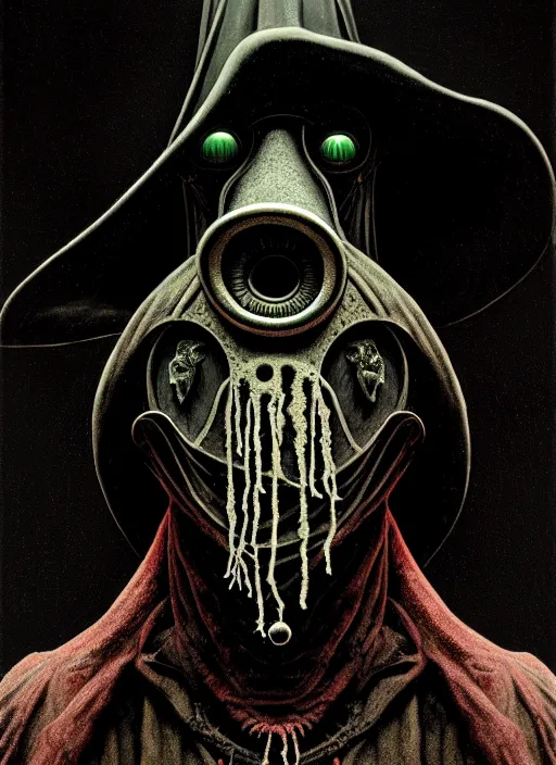 Prompt: stunning portrait of grotesque and horrifying plague doctor, victorian era, lovecraftian horror, cosmic horror!! cinematic lighting, horror fiction, digital art, winning award masterpiece, fantastically beautiful, aesthetically inspired by wayne barlowe and gerald brom, trending on artstation, art by greg rutkowski and h r giger, octane render, 8 k