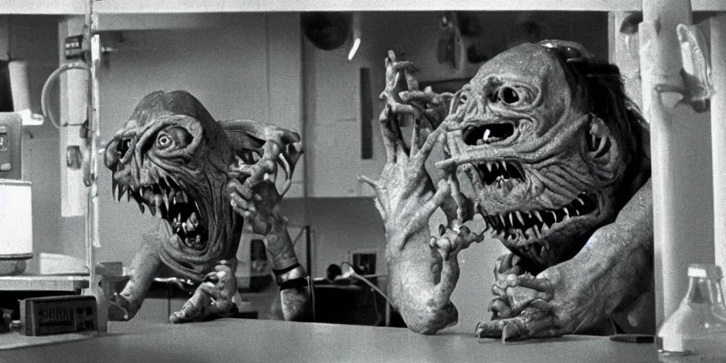 Image similar to a scary filmic wide shot color ground level angle movie still 35mm film photograph of the full body of a screaming and angry dangerous shape shifting alien creature, with multiple mutated snarling drooling human faces with a grotesque variety of human and animal limbs protruding from its lower torso inside of a 1970s science lab, neon lights, dirty, ektachrome photograph, volumetric lighting, f8 aperture, cinematic Eastman 5384 film