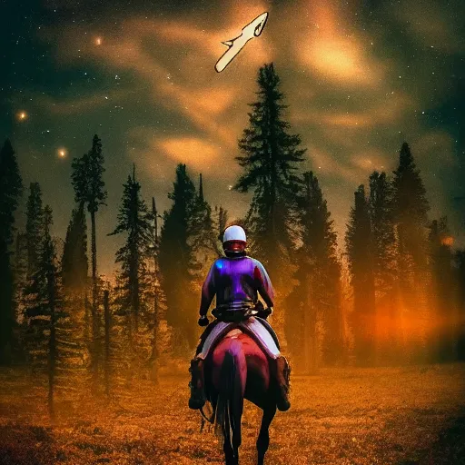 Image similar to arrows struck astronaut riding a horse in a fantasy forest, landscape, morning ambience, cinematic, digital art, front lit, epic, cinematic