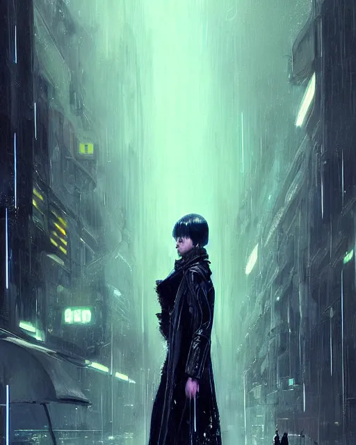 Image similar to detailed European Pretty Young Girl Storm Rain bladerunner movie Jacket coat, Futuristic sci-fi fashion, royal attire, low-emission-neon by ismail inceoglu dragan bibin hans thoma greg rutkowski Alexandros Pyromallis Nekro Rene Margitte illustrated Perfect face, sharp chine, fine details, realistic shaded, fine-face, pretty face