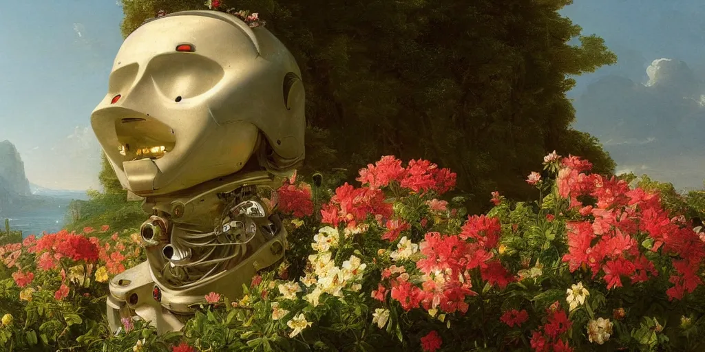 Image similar to a wide angle painting by Thomas Cole of a robot head with flowers growing out, highly detailed, masterpiece