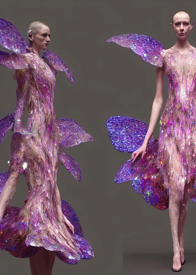 Prompt: a beautiful faery dress made of fiber glass and silk luminescent iridescent petals, iris van herpen, alexander mcqueen, guo pei, 8 k, octane rendering