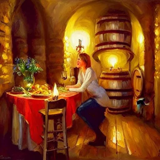 Image similar to wine cellar full of food, torches on the wall, schnapps, romantic, inviting, cozy, blonde woman, painting Vladimir Volegov