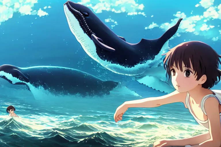 Prompt: a panorama distant view under the water, hyper detailed cg rendering of a cute girl and whale, anime key visual of children of the sea, finely detailed perfect face, style of raphael lacoste, makoto shinkai, violet evergarden, studio ghibli, james jean, hayao miyazaki, extremely high quality artwork