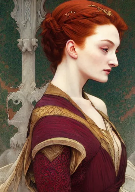 Prompt: sansa stark on sanset, intricate, elegant, highly detailed, digital painting, artstation, concept art, smooth, sharp focus, illustration, art by artgerm and greg rutkowski and alphonse mucha and william - adolphe bouguereau