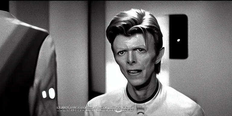 Image similar to photorealistic wide shot black and white twilight zone style cinematography of a 1 9 8 1 version of healthy david bowie in a cheesy 5 0's space suit acting as a man from outter space in a twilight zone episode that takes place in the sheats goldstein house shot on film by the shining cinematographer john alcott on a cooke panchro 1 8 mm lens.