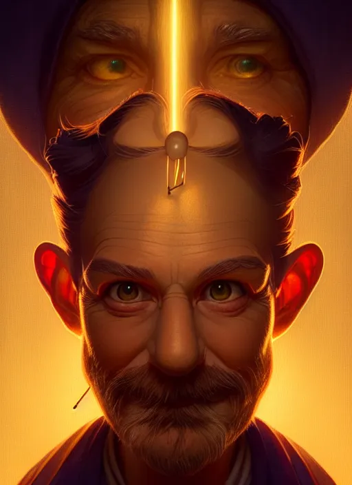 Image similar to symmetry portrait of geppetto from pinocchio, glowing lights, intricate, elegant, highly detailed, digital painting, artstation, concept art, smooth, sharp focus, illustration, art by artgerm and greg rutkowski and alphonse mucha