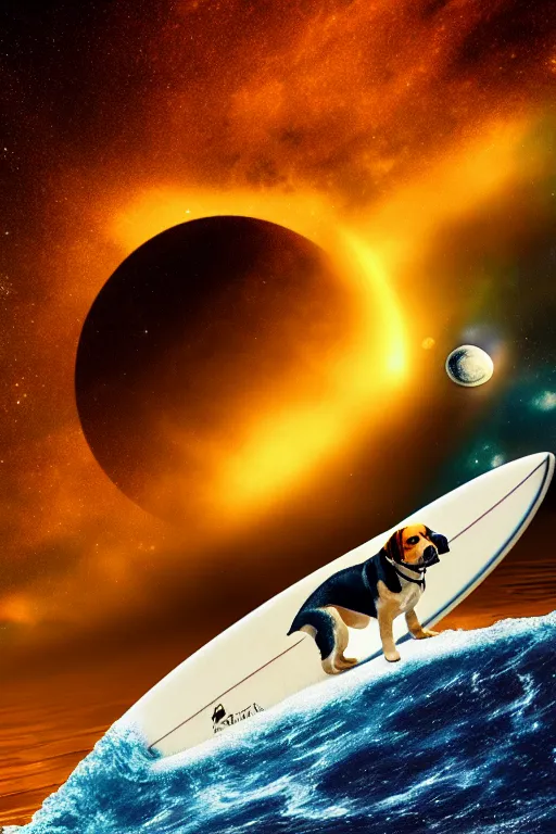 Image similar to beagle dog surfing a surfboard on a sparkly crashing wave of stardust in space, background is a moon in nebula, octane render, unreal engine, wide view, 8 k, highdetaild