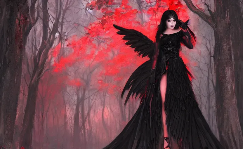 Image similar to Female dark angel in gothic red and black dress, their black wings are extended. She is in the bioluminescent forest. Horror scene, highly detailded. By Konstantin Razumov