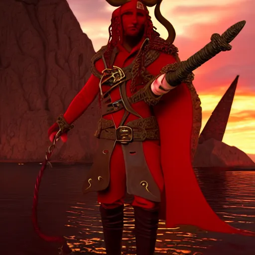 Image similar to a red skinned horned male tiefling, dungeons and dragons, chiseled features, wearing a pirate coat with shiny gold buckles and a rapier on his hip, standing at the prow of his ship looking out over the water, uhd, unreal engine, 8 k, high detail, sunset lighting