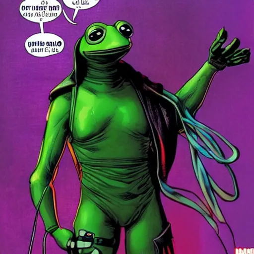 Prompt: cyberpunk kermit the frog marvel comics