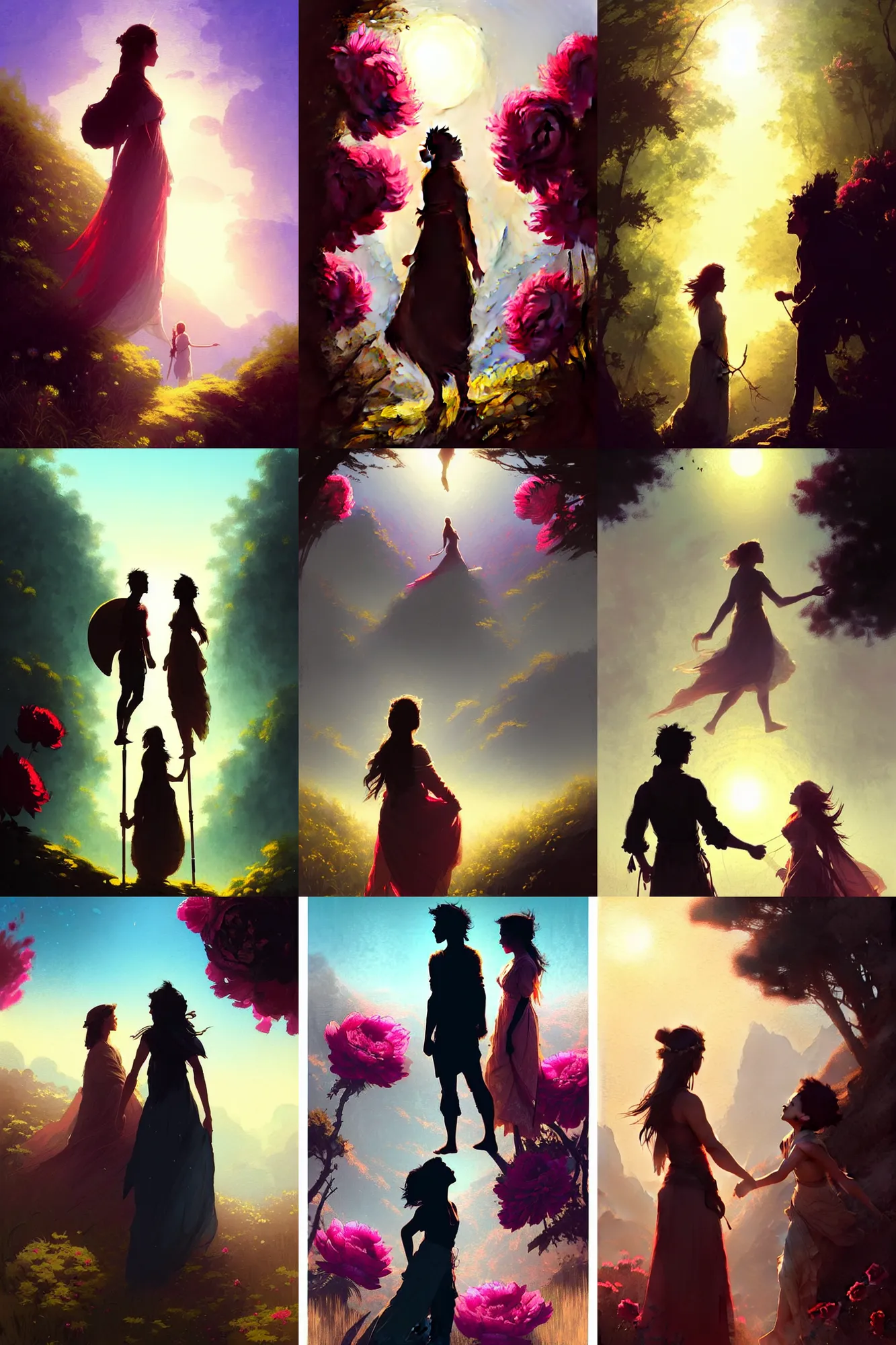 Prompt: a cinematic boy girl traditional romance moment of a friends hiking wearing boho clothing and peonies, standing silhouette against the sun, Minimal Movie Posters, fantasy magic, art masterpiece by Greg Rutkowski, Gaston Bussiere, craig mullins, #wip #illustration #illustradraw #illustrator #vector #colors #colorschemes