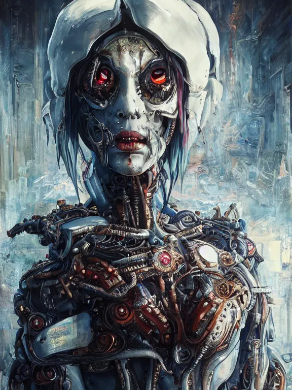 Image similar to portrait art of 8k ultra realistic undead eldritch horror ghost in the shell , detailed intricate ornate armour,decaying, cybernetic, full of colour, cinematic lighting, battered, trending on artstation, 4k, hyperrealistic, focused, extreme details,unreal engine 5, cinematic, masterpiece, art by ayami kojima, giger