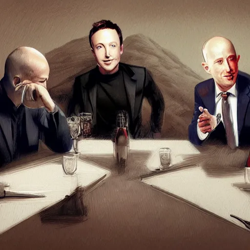 Image similar to portrait of elon musk, mark zuckerberg, jeff bezos, in meeting together, same table, very detailed, art contest winner on behance, trendy on deviant art, by by artgem, greg rutkowski