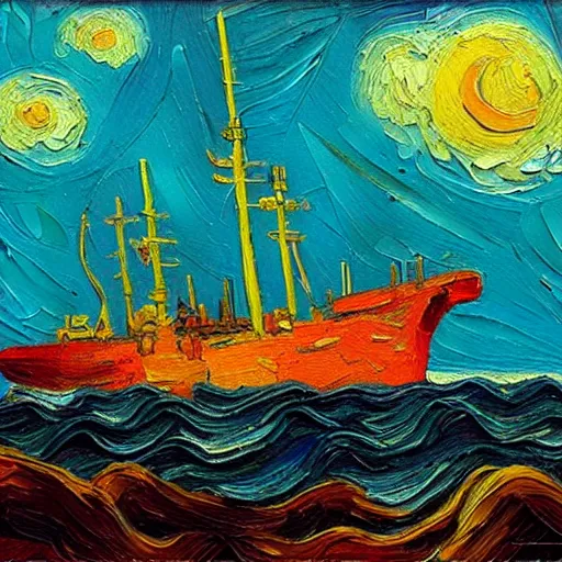 Prompt: oil painting of a fpso in the style of van gogh, natural background, trending on artstation, rough seas