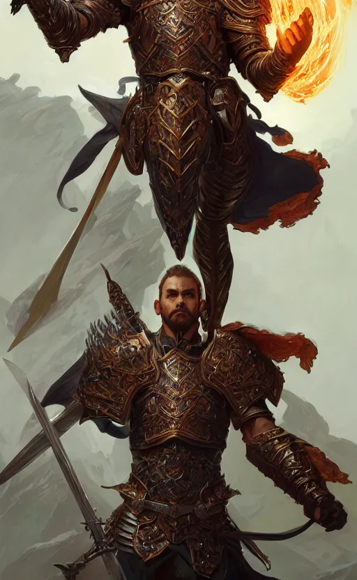 Image similar to male paladin oath of glory, flaming sword, d & d, fantasy, intricate and very beautiful and highly detailed, elegant, digital painting, artstation, concept art, matte, smooth and sharp focus, illustration, art by tian zi and wlop and alsphonse mucha and artgerm and greg rutkowski