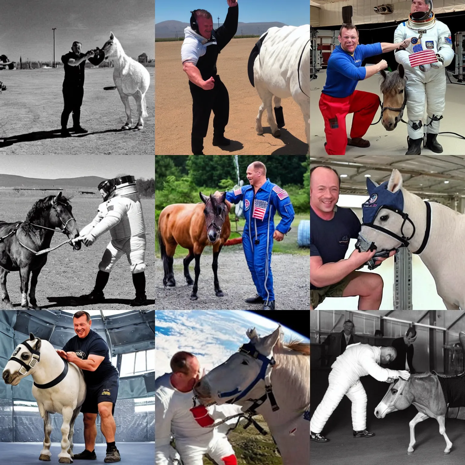 Prompt: strongman astronaut lifts small horse with his hands