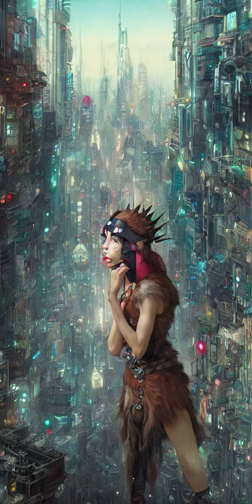 Prompt: hyper realistic Princess Mononoke with her mask, busy cyberpunk metropolis, city landscape, jewels, style of tom bagshaw, mucha, james gurney, norman rockwell, denoised, sharp