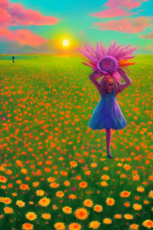 Image similar to giant daisy flower as head, girl dancing in a flower field, surreal photography, sunrise, dramatic light, impressionist painting, colorful clouds, digital painting, artstation, simon stalenhag