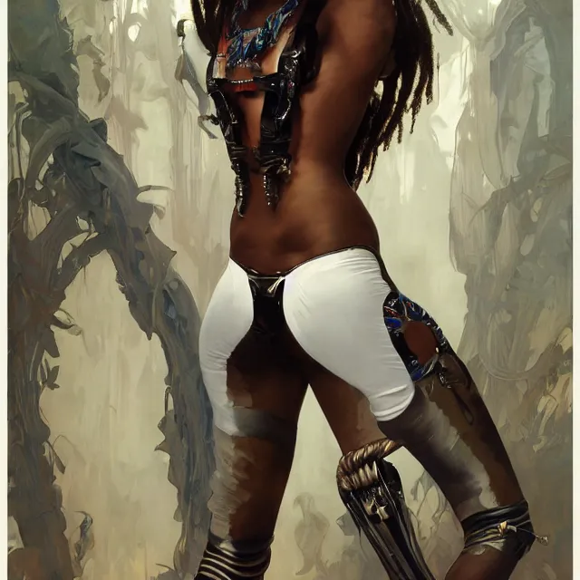 Image similar to african domme mistress, dominatrix full body, dominatrix, tribal, smooth white tight clothes suit, ornate, very beautiful, concept art, realistic painting, androgynous, afrofuturism, cgsociety, digital art by greg rutkowski, by alphonse mucha