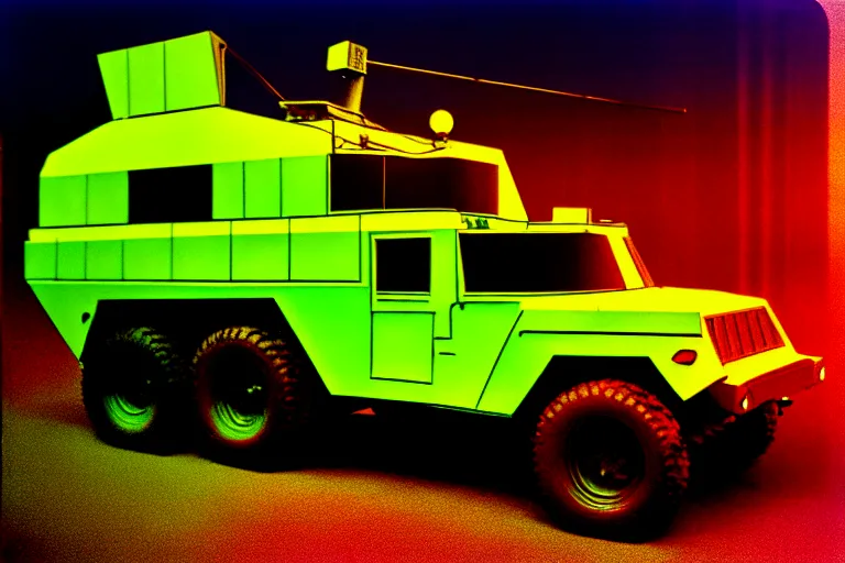 Image similar to stylized poster of a humvee concept, thick neon lights, ektachrome photograph, volumetric lighting, f 8 aperture, cinematic eastman 5 3 8 4 film