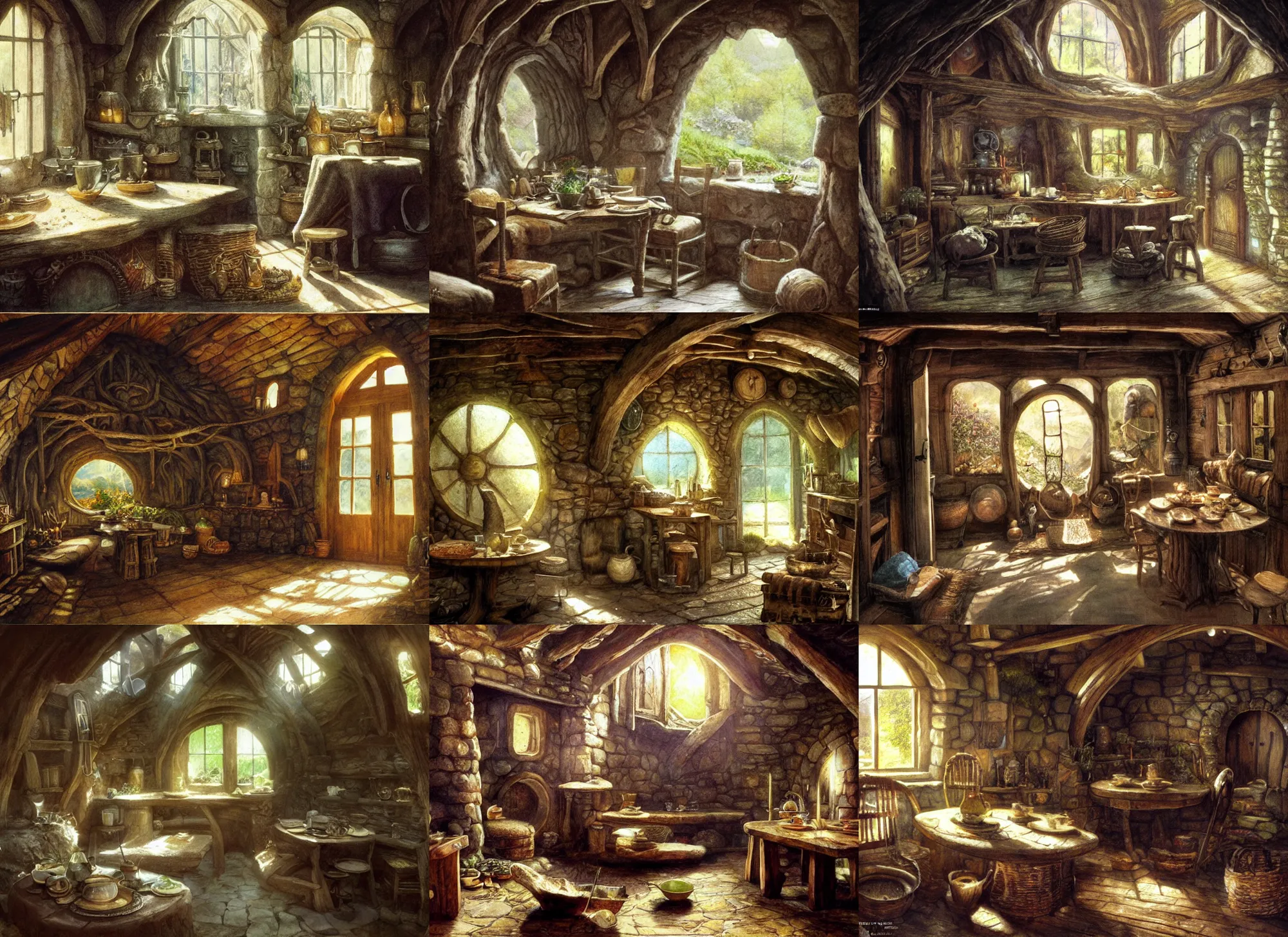 Prompt: interior of a hobbit hole, table set for second breakfast by alan lee, art station, dust flickers in beams of light from the windows, finely detailed furniture, oil painting