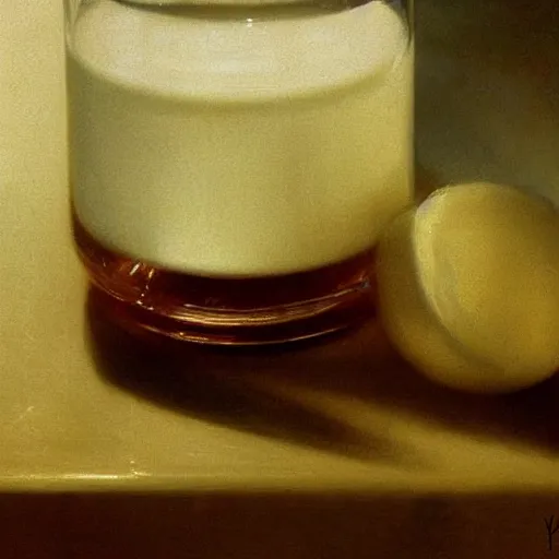 Prompt: still life closeup of a glass of milk and stick of butter directly in the early morning light on the table art by anders zorn, wonderful masterpiece by greg rutkowski, beautiful cinematic light, american romanticism thomas lawrence, greg rutkowski rule of thirds, golden ratio global illumination caustics subsurface scattering