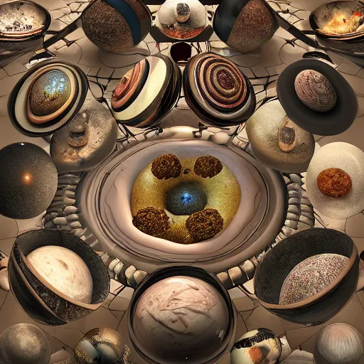 Prompt: multiverse [ within bowl ]!!! resting on table, trending on artstation, cgsociety, [ overhead view ]!!, 4 k quality, intricately defined, professional photography, complexly detailed, polycount