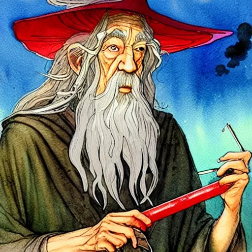 Image similar to a realistic and atmospheric watercolour fantasy character concept art portrait of gandalf with red eyes smoking a huge blunt looking at the camera with a pot leaf nearby by rebecca guay, michael kaluta, charles vess and jean moebius giraud