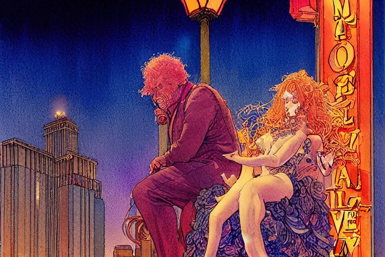 Image similar to a hyperrealist watercolour character concept art portrait of love, glowing on well lit night in las vegas, nevada. by rebecca guay, michael kaluta, charles vess and jean moebius giraud