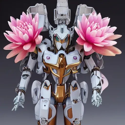 Image similar to futuristic nymphaea themed mecha waterlily upper body, large sepal forming helmet, highly detailed, nymphaea, 8 k hd resolution, barbatos gundam with floral inlay, bandai box art, tristan eaton, makoto kobayashi, frank gehry, raymond swanland