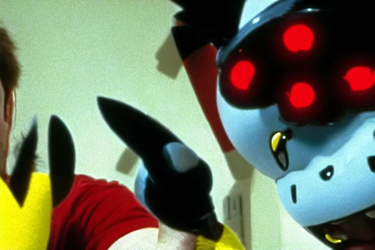 Image similar to Jack Nicholson plays Pikachu Terminator, scene where his inner endoskeleton is visible and his eye glows red, still from the film