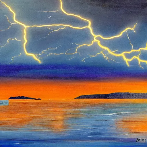 Image similar to a painting of a landscape panorama of a cozy seaside village with a menacing lightning storm on the ocean horizon, vivid colors, by anthony micallef by camille rose garcia,