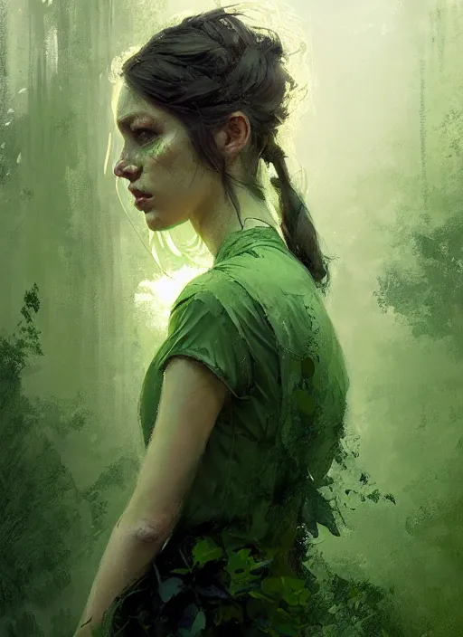 Image similar to outdoor portrait of a beautiful girl, shades of green, beautiful face, rule of thirds, intricate outfit, spotlight, by greg rutkowski, by jeremy mann, digital painting