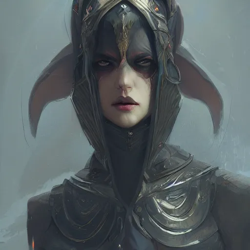 Prompt: trending on artstation, dhamphir, vampire, character design, concept art, style of greg rutkowski, makoto shinkai, symmetrical face, forward facing, fantasy armor, highly detailed, digital art, witch, female