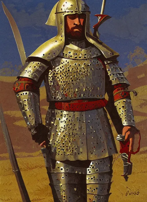 Image similar to character art illustration of a medieval Byzantine infantry warrior by Angus McBride.