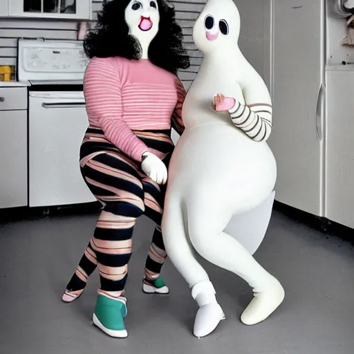 Image similar to 1985 two curvy women in a vintage kitchen baking a cake wearing an inflatable long prosthetic snout nose made of gooey pink slime, soft color wearing stripes sitting on chairs covered in soft fabric, pink slime everywhere, grey striped walls, studio lighting 1985 color film archival footage holding a hand puppet that looks like Caspar the Friendly Ghost, 16mm Russ Meyer John Waters Almodovar Doris Wishman