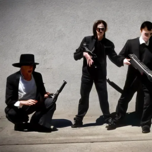 Prompt: LOS ANGELES CA, 2025, vampires meet to discuss how cool holding guns make them look