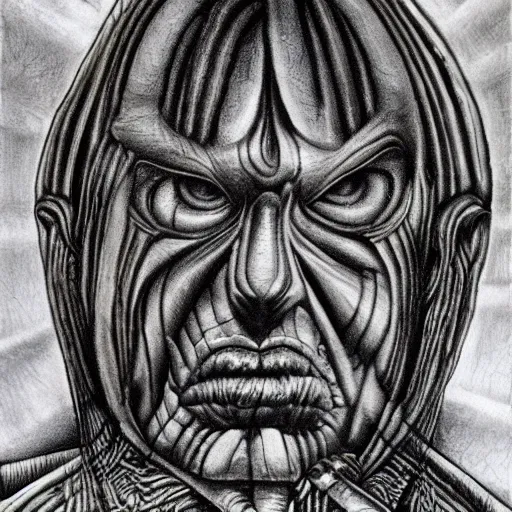 Prompt: self portrait by H R giger