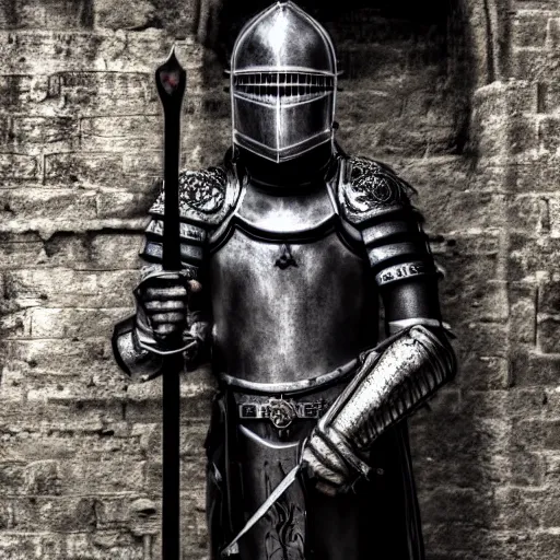 Image similar to knight holding a sword standing in an old london alley, ominous, chilly dark mood, very sharp image, hyper realistic, symmetrical, 4 k, highly ornate intricate details,