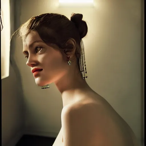 Image similar to behind the scenes of girl with a pearl ear ring by vermeer cinematic lighting vogue cover shoot