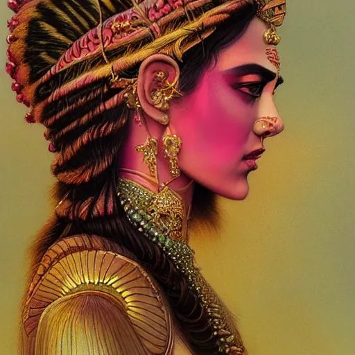 Image similar to side portrait of a beautiful Indian queen of tigers, pink and gold, by Anato Finnstark, Tom Bagshaw, Brom
