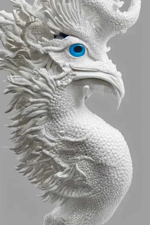 Prompt: full head and shoulders, realistic bjork porcelain rooster sculpture, smooth, delicate facial features, white eyes, white lashes, detailed white, lots of 3 d gold chinese dragons anatomical, all white features on a white background, by daniel arsham and james jean