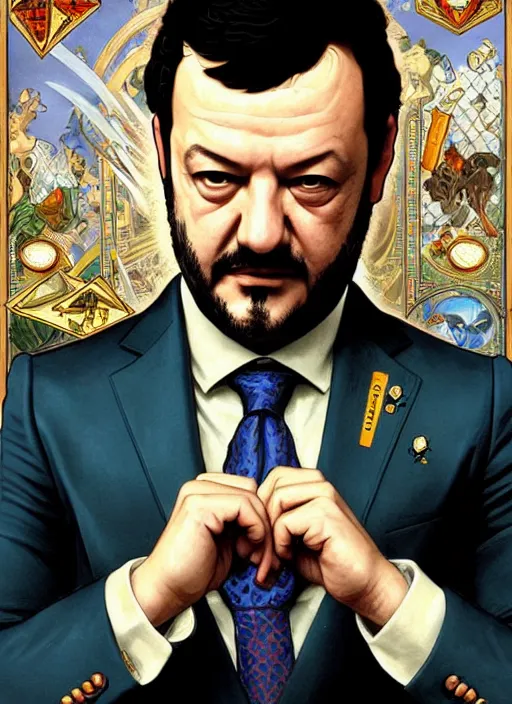 Image similar to matteo salvini, wearing a suit, tarot card, deep focus, d & d, fantasy, intricate, elegant, highly detailed, digital painting, artstation, concept art, matte, sharp focus, italian flag, illustration, hearthstone, art by artgerm and greg rutkowski and alphonse mucha