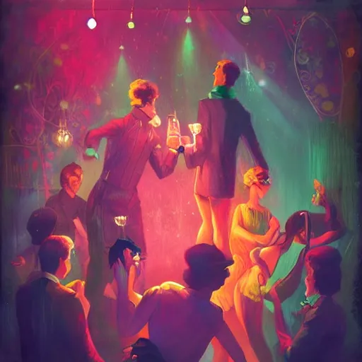 Image similar to young people in a fancy vintage nightclub dancing and drinking, partylights, great colors, by esao andrews, trending on artstation